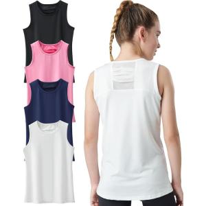 4 Pack Youth Girls Athletic Tank Tops Dry Fit Active Performance Tech Sleeveless Shirts(Set 2  Pink/White/Navy/Black)