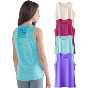 4 Pack Youth Girls Athletic Tank Tops Dry Fit Active Performance Tech Sleeveless Shirts(Whisper Pink/Glacier Blue/Sonar Blue/Sangria)