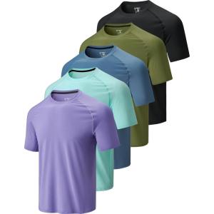 5 Pack Men’s Active Quick Dry Crew Neck T Shirts | Athletic Running Gym Workout Short Sleeve Tee Tops Bulk(Black/Olive/Cyan Blue/Dark Lavender/Soft Denim)