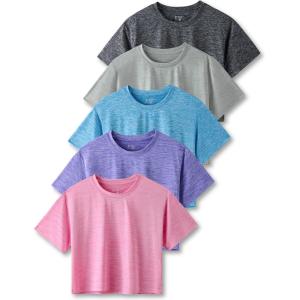 5 Pack: Women’s Workout Crop Tops, Athletic Short Sleeve Gym Shirts Crew Neck Tees(Grey/Pink/Blue/Purple/Charcoal)