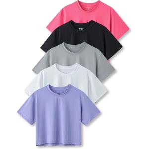 5 Pack: Women’s Workout Crop Tops, Athletic Short Sleeve Gym Shirts Crew Neck Tees(Lavender/Black/White/Gray/Hot Pink)