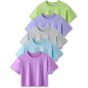 5 Pack: Women’s Workout Crop Tops, Athletic Short Sleeve Gym Shirts Crew Neck Tees(Lavender/Neon/Orchid/Baby Blue/Grey)