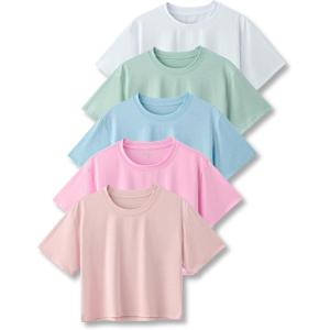 5 Pack: Women’s Workout Crop Tops, Athletic Short Sleeve Gym Shirts Crew Neck Tees(Pink/Mint/White/Baby Blue/Pastel Pink)