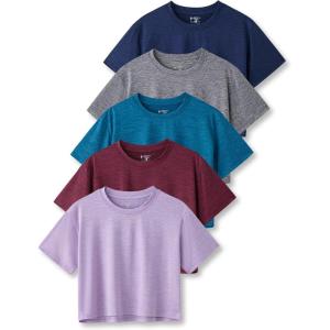 5 Pack: Women’s Workout Crop Tops, Athletic Short Sleeve Gym Shirts Crew Neck Tees(Teal/Navy/Orchid/Burgundy/Charcoal)