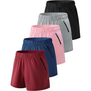 5 Pack: Womens Workout Gym Shorts Casual Lounge Set, Ladies Active Athletic Apparel with Zipper Pockets(Black/Gray/Maroon/Light Pink/Steel Blue)