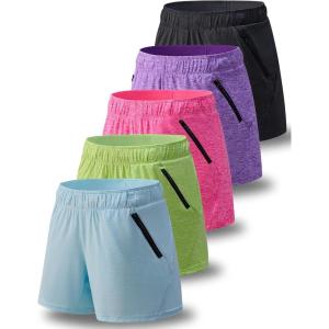 5 Pack: Womens Workout Gym Shorts Casual Lounge Set, Ladies Active Athletic Apparel with Zipper Pockets(Black/Purple/Baby Blue/Bright Pink/Neon Yellow)