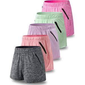 5 Pack: Womens Workout Gym Shorts Casual Lounge Set, Ladies Active Athletic Apparel with Zipper Pockets(Fuchsia/Black/Lavender/Light Pink/Light Green)