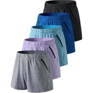 5 Pack: Womens Workout Gym Shorts Casual Lounge Set, Ladies Active Athletic Apparel with Zipper Pockets(Gray/Lavender/Aqua/Navy/Black)