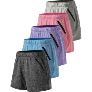 5 Pack: Womens Workout Gym Shorts Casual Lounge Set, Ladies Active Athletic Apparel with Zipper Pockets(Heather Black/Blue/Purple/Pink/Gray)