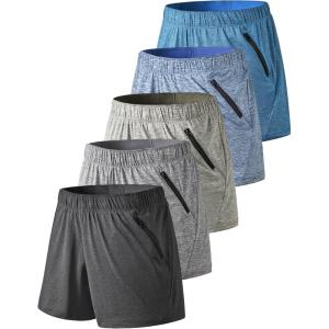 5 Pack: Womens Workout Gym Shorts Casual Lounge Set, Ladies Active Athletic Apparel with Zipper Pockets(Heather Black/Gray/Blue)