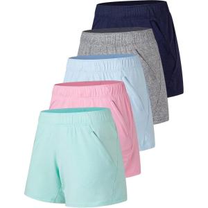 5 Pack: Womens Workout Gym Shorts Casual Lounge Set, Ladies Active Athletic Apparel with Zipper Pockets(Heather Mint/Pink/Blue/Gray/Navy)