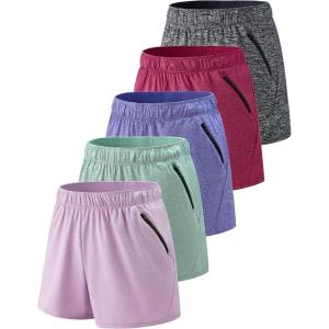 5 Pack: Womens Workout Gym Shorts Casual Lounge Set, Ladies Active Athletic Apparel with Zipper Pockets(Lilac/Black/Cherry/Orchid/Sage Green)