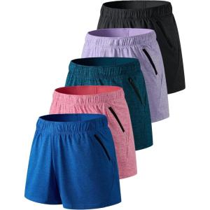 5 Pack: Womens Workout Gym Shorts Casual Lounge Set, Ladies Active Athletic Apparel with Zipper Pockets(Navy/Pink/Teal/Lavender/Black)