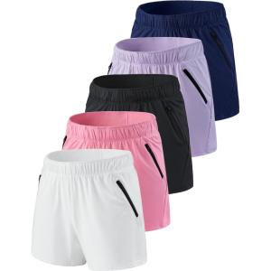 5 Pack: Womens Workout Gym Shorts Casual Lounge Set, Ladies Active Athletic Apparel with Zipper Pockets(Pink/Navy/Black/White/Lavender)