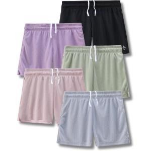 5-Pack Women’s Athletic Shorts Mesh Basketball, Ladies Active Loose Pull-On Shorts with Zipper Pockets, 5″ Inseam(Black/Blue/Lavender/Pink/Olive)
