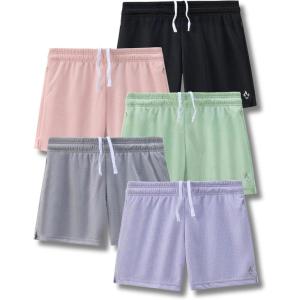 5-Pack Women’s Athletic Shorts Mesh Basketball, Ladies Active Loose Pull-On Shorts with Zipper Pockets, 5″ Inseam(Black/Pink/Gray/Green/Lilac)