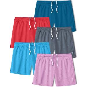 5-Pack Women’s Athletic Shorts Mesh Basketball, Ladies Active Loose Pull-On Shorts with Zipper Pockets, 5″ Inseam(Light Pink/Baby Blue/Crimson/Teal/Charcoal)