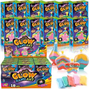 Create Your Own Magic Sand Art Glitter Activity | Glow in the Dark Colored Custom Sand Kits for Kids – Includes 12 Bottles, Funnels, Sticks, 60 Bags of Colorful Sand | DIY Arts and Crafts (24 Pack)(12 Pack)