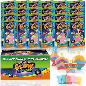 Create Your Own Magic Sand Art Glitter Activity | Glow in the Dark Colored Custom Sand Kits for Kids – Includes 12 Bottles, Funnels, Sticks, 60 Bags of Colorful Sand | DIY Arts and Crafts (24 Pack)(24 Pack)