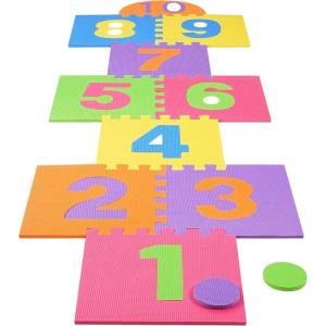 Hopscotch Playmat Foam Interlocking Puzzle Floor Mat – 10 Large Number Tiles (12″ by 12″ Square Blocks)