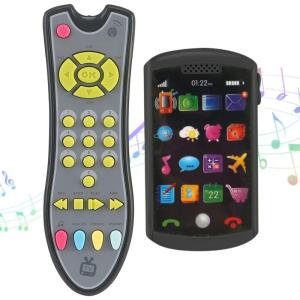 Liberty Imports 2 Pack My First TV Remote Control and Mobile Smartphone Kids Musical Toy Bundle Set – Realistic Music Learning Remote Phone Pretend Playset with Lights and Sounds