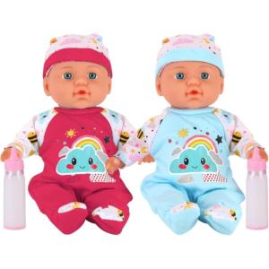Liberty Imports 2 Pack Twin Baby Dolls Playset – 12″ Realistic Soft Body Talking Newborn Boy & Girl Toy Dolls with Magic Milk Bottles Accessories for Kids Imaginative Pretend Play Nursing