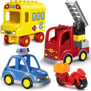 Liberty Imports 4-Pack City Vehicles Transportation Set, Big Building Blocks Compatible with Major Brands – Includes Police Car, Fire Truck, School Bus, Motorcycle Toys for Kids, Toddlers