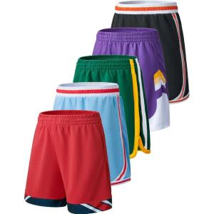 Liberty Imports 5 Pack Big Boys Youth Athletic Mesh Basketball Shorts with Pockets Quick Dry Activewear(Red/Black/Purple/Dark Green/Sky Blue)