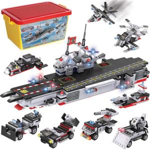 Liberty Imports 825pc Military Aircraft Carrier Fleet Construction Bricks Toy – 8-in-1 Naval Battleship Models with Navy Vehicles, Jets & More – Compatible with Major Brands – Storage Case Included(Aircraft Carrier)
