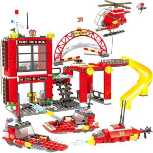 Liberty Imports 825pc Military Aircraft Carrier Fleet Construction Bricks Toy – 8-in-1 Naval Battleship Models with Navy Vehicles, Jets & More – Compatible with Major Brands – Storage Case Included(Fire Rescue)