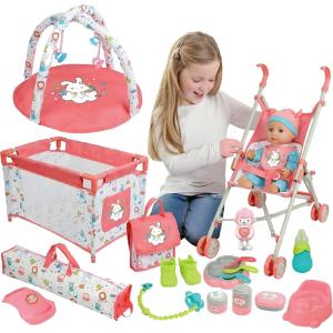 Liberty Imports Kids 18-Piece Newborn Talking Baby Doll Stroller Nursery Role Play Set w/ Playpen, Play Mat, Potty Training, Accessories (14″ Doll Included)