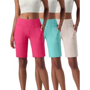 Liberty Pro 3 Pack Women’s 10” Bermuda Shorts with Pockets, Plus Size Quick Dry Casual Long Shorts Knee-Length Tummy Control(Aqua/Off White/Hot Pink)