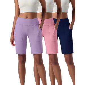 Liberty Pro 3 Pack Women’s 10” Bermuda Shorts with Pockets, Plus Size Quick Dry Casual Long Shorts Knee-Length Tummy Control(Lilac/Peach Pink/Navy)
