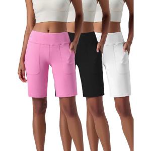Liberty Pro 3 Pack Women’s 10” Bermuda Shorts with Pockets, Plus Size Quick Dry Casual Long Shorts Knee-Length Tummy Control(Pink/White/Black)