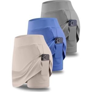 Liberty Pro 3 Pack Women’s Athletic Skirts with Shorts Underneath, Tennis Golf Skorts Tummy Control Pockets for Workout Gym(Gray/Khaki/Dusty Blue)