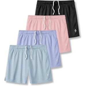 Liberty Pro 4 Pack: Girls Airy Mesh Active Athletic Sport Shorts, Youth Running Performance Clothes with Pockets(Black/Pink/Blue/Lilac)