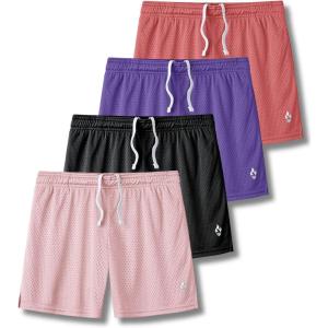 Liberty Pro 4 Pack: Girls Airy Mesh Active Athletic Sport Shorts, Youth Running Performance Clothes with Pockets(Coral/Violet/Black/Light Pink)
