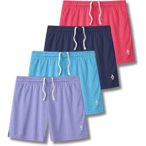 Liberty Pro 4 Pack: Girls Airy Mesh Active Athletic Sport Shorts, Youth Running Performance Clothes with Pockets(Navy/Lavender/Baby Blue/Hot Pink)