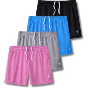 Liberty Pro 4 Pack: Girls Airy Mesh Active Athletic Sport Shorts, Youth Running Performance Clothes with Pockets(Pink/Gray/Blue/Black)