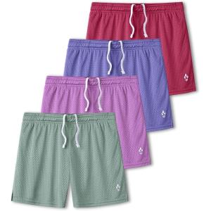 Liberty Pro 4 Pack: Girls Airy Mesh Active Athletic Sport Shorts, Youth Running Performance Clothes with Pockets(Red/Periwinkle/Sage/Orchid)