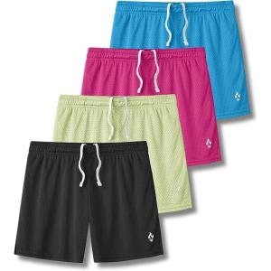 Liberty Pro 4 Pack: Girls Airy Mesh Active Athletic Sport Shorts, Youth Running Performance Clothes with Pockets(Teal/Lime/Magenta/Charcoal)
