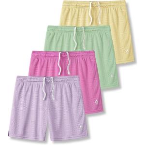 Liberty Pro 4 Pack: Girls Airy Mesh Active Athletic Sport Shorts, Youth Running Performance Clothes with Pockets(Yellow/Mint/Fuchsia/Lavender)