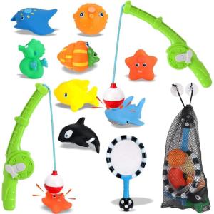 Magnetic Toddler Bath Toys – Kids Fishing Pool Game Set of 2 Fishing Poles, 8 Rubber Sea Animals, & Net – Water Toys with Mesh Organizer Bag