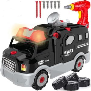 Take Apart Toy Vehicles with Electric Power Drill, Sounds & Lights – Build Your Own STEM Construction Kits for Kids Ages 3-5 (Race Car)(SWAT Truck)