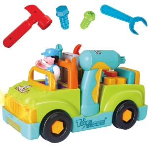 Toddler Tool Set Toy Trucks Kids Mechanic Workbench Take Apart Musical Toolbox with Electric Drill, Power Play Tools, Lights, Bump and Go Building Toy for 2 Year Old Boys