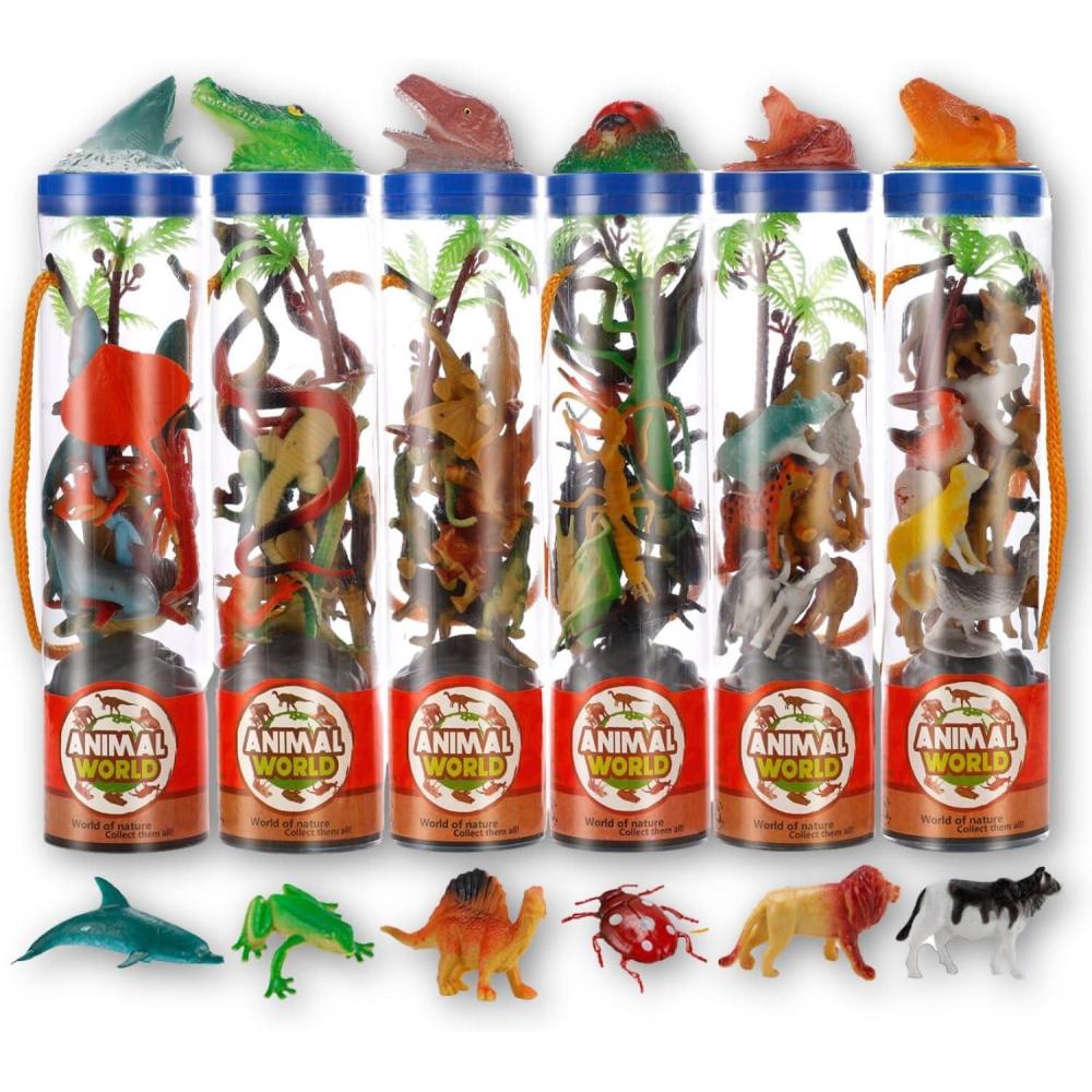 image6 PACK Small Animal Figures Toys 78 Pieces Realistic Mini Dinosaur Insect Sea Farm Reptile Wild Jungle Zoo Plastic Little Creatures Playset Cake Topper Party Favors for Kids Toddlers