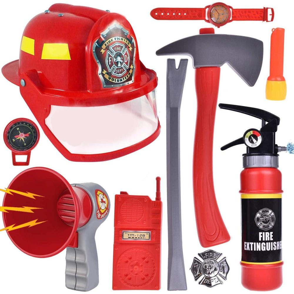 imageLiberty Imports 10 PCs Fireman Gear Firefighter Costume Role Play Career Dress Up Starter Toy Accessories Pretend Play Set with Helmet Tools for Kids Toddlers