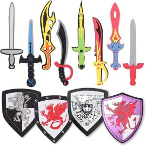 12 Pack Foam Swords and Shields Playset, Medieval Combat Ninja Warrior Weapons Costume Role Play Accessories for Kids Party Favors(12 Pack)