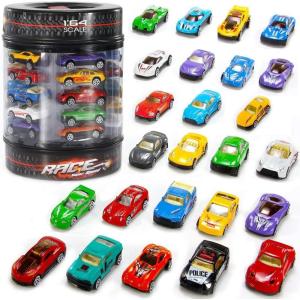 25 Piece Diecast Cars Pack Toy Playset in Storage Carrying Tub – 1:64 Scale Metal Alloy Die-cast Vehicles Collection for Kids