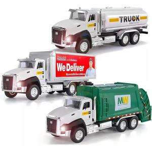 3 Pack City Diecast Semi Trucks Transport Set – Big Toy Garbage Truck, Oil Tanker, & Transport Vehicle Toy with Pull Back Action – 1/50 Scale Metal Collectible Model Alloy Car Vehicles